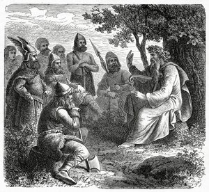 En bard reciterer til nordmænd, ca. 1882 (træstik) af French School