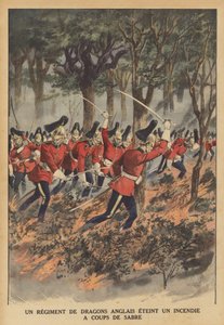 Et britisk regiment af dragoner, der bruger deres sværd til at slukke en ild (farve litho) af French School