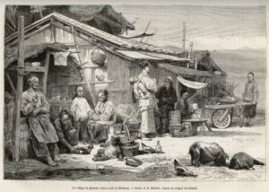 En kinesisk fiskerby nær Monterey, Californien, vidnede om det vigtige kinesiske samfund, der var etableret på Stillehavskysten i USA. Gravering efter D.Maillards tegning, for at illustrere historien La conquete blanche, af William Hepworth af French School