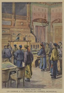 En kinesisk mission til Paris: en af de kinesiske delegerede ved byrådets podium (farve litho) af French School