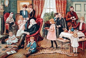 En familie tager te, ca. 1900 (farve litho) af French School