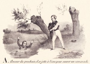 A: Næstekærlighed, han kaster sig i vandet for at redde en kammerat. af French School
