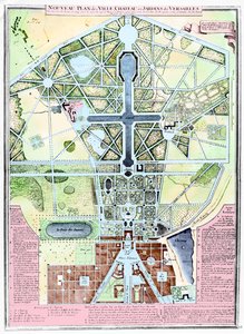 En ny plan for byen, slottet og haverne i Versailles, 1714 af French School