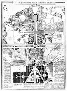 En ny plan for byen, slottet og haverne i Versailles, 1714 af French School
