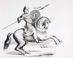 En normannisk ridder klædt i ringbrynje og hjelm med spyd og skjold, 1873 af French School