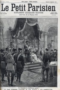 Et forslag om generel nedrustning (fremsat til de europæiske magter) - Tsar Nicholas II (1868-1918) læser sin reskription for sine rådgivere. Le Petit Parisien af French School