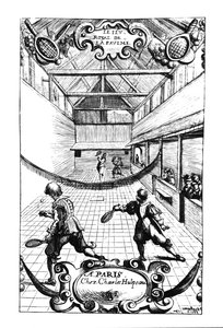 Et kongeligt tennisspil i Jeu de Paume, Versailles, udgivet af Charles Hulpeau af French School