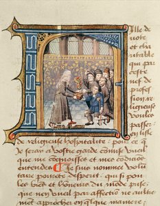 En søster, der modtager gaver fra patienter, fra Le Livre de Vie Active de lHotel Dieu de Paris af Jean Henry, ca. 1482 af French School