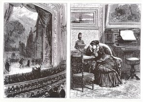 En kvinde, der lytter til en operaforestilling i sit eget hjem ved hjælp af Ader-Bell-telefonen og Aders-arrangement til musiktransmission, fra Les Nouvelles Conquetes de la Science af Louis Figuier, af French School