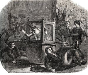 En flok jokere forhindrer Marie-Therese (Marie Therese) Le Vasseur (Levasseur) (1721-1801), et kostume til karnevallet, fra at rykke frem i sin kørestol. Hun er et offer for hævnen fra en af de tidligere elskere. Indgravering fra 1871 i "Histoire Des Cocus af French School