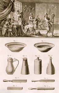 En barbershop og barberværktøj, fra Encyclopedie des Sciences et Metiers af Denis Diderot (1713-84) udgivet ca. 1770 af French School