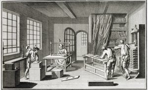 Et bookmakerværksted fra Encyclopedie des Sciences et Metiers af Denis Diderot (1713-84) udgivet ca. 1770 af French School