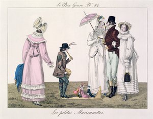 En dreng, der underholder med dansende dukker, tavle 84 fra le Bon Genre, ca. 1810 (farvegravering) af French School