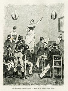 En cafe synger i Bourg Leopold. Gravering af A.Hubert til illustration af historien La Belgique, af Camille Lemonnier, i le tour du monde 1886, instrueret af Edouard Charton (1807-1890), Hachette, Paris. af French School