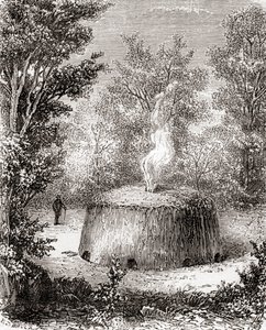 En trækulsovn i skoven, efter en tegning fra det 19. århundrede, fra Les Merveilles de la Science, udgivet ca. 1870 (gravering) af French School