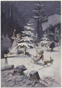 En kerub svinger en økse, mens de hugger et juletræ af French School