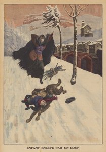 Et barn båret af en ulv (farve litho) af French School