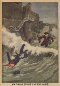 Et barn fejet væk af en bølge (farve litho) af French School