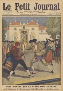 En dødbringende duel på scenen i et teater i Spanien (farve litho) af French School