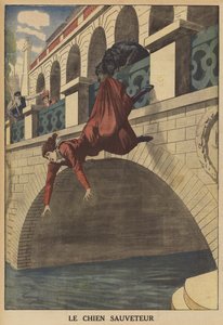 En hund redder en kvinde fra at falde fra en bro (farve litho) af French School