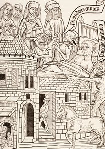En døende synder omgivet af sin familie og to djævle hvisker ham i øret, side fra 1400-tallets tekst Ars Moriendi eller The Art of Dying, fra Les Artes au Moyen Age, udgivet 1873 af French School