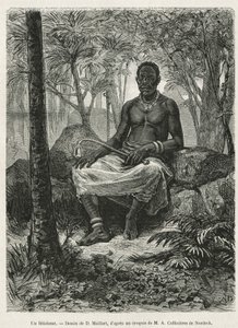En feticheur, en troldmand, der kan bruge fetichernes magiske kraft, tegning af D. Maillart, til at illustrere historien om en rejse til Gabon og Ogoue-floden i 1875-1877, af Alfred Marche. Stik i Le tour du monde af French School
