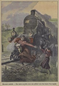Et hjerteskærende selvmord: en mor, der kaster sig selv og sit barn under hjulene på et eksprestog (farve litho) af French School