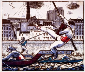 En dystkonkurrence ved en flodfestival på Seinen, Paris, ca. 1890-1920 (tryk i farvet træblok) af French School