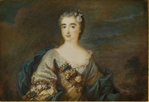 En dame ved navn Louise-Jeanne de Durfot, Duchesse de Mazarin et de la Meilleraye, ca. 1750 af French School