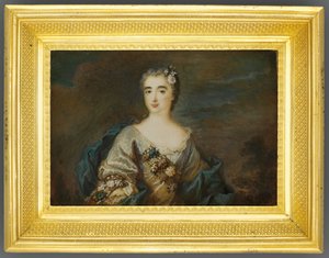 En dame kaldet Louise-Jeanne de Durfot, Duchesse de Mazarin et de la Meilleraye, ca. 1750 (akvarel på elfenben) (se også 1630586) af French School