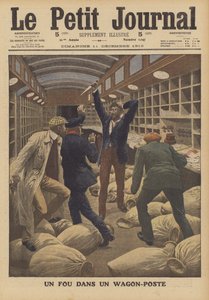 En gal mand i en postvogn på et tog, der ankommer til Paris (farve litho) af French School
