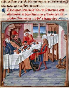 En mand deler sit bord med en nødlidende Miniature taget fra "Le livre de bonnes moreurs de Jacques Legrand" 1490 Chantilly, Musee Conde af French School