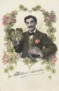 En mand med en firbladet treflet og en hestesko. af French School