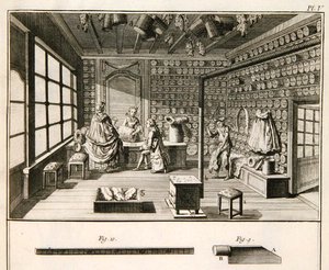 Et værksted for en mattefabrikant, fra "Encyclopedie des Sciences et Metiers" af Denis Diderot (1713-84), udgivet omkring 1770 (stik) af French School