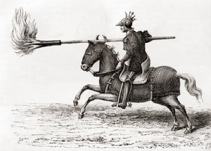 En middelalderridder med en ildlanse eller ildspyd, et af de første krudtvåben i verden, fra Les Merveilles de la Science, udgivet ca. 1870 (gravering) af French School