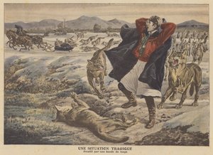 En købmand angribes af en flok ulve i Transsylvanien (farvelitografi) af French School