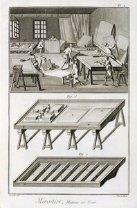 Et spejlmagerværksted og værktøjer fra Encyclopedie des Sciences et Metiers af Denis Diderot (1713-84) udgivet ca. 1770 af French School