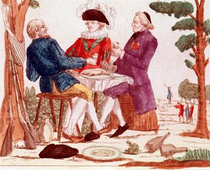 En bonde (tiers etat), gejstlig og aristokrat spiser en kanin sammen ved et bord, i højre baggrund en jagtscene, til venstre tre geværer, august 1789 (stik, slutningen af 1700-tallet) af French School
