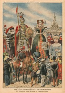 En malerisk og traditionel fest, giganternes procession i Valenciennes, illustration fra 