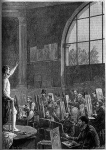 En posesession i et kunstnerværksted i Paris. Indgravering i den berømte dagbog "" La jeunesse"" af French School