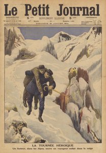 Et postbud redder en rejsende tabt i sneen i Alperne (farve litho) af French School