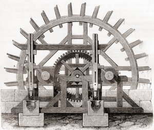 En pulvermølle og dens vandhjul, efter en tegning fra det 19. århundrede, fra Les Merveilles de la Science, udgivet ca. 1870 (gravering) af French School
