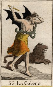 En repræsentation af vrede klædt i skår, hun holder en dolk og river sit hår af. (Repræsentation af Vred, klædt med pletter, hun holder en kniv og river sit hår af). Fra "Mythology of Youth" af Pierre Blanchard 1803. af French School