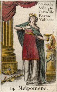 En repræsentation af melpomene, tragediemuse, hun bærer en krone, et scepter og en dolk, samt en kop gift (Repræsentation af Melpomene, Tragedien Muse, med en krone, en tragisk maske, en kniv og en kop af gift Fra "Mythology of Youth" af af French School