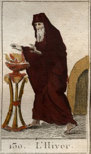 En fremstilling af vintersæsonen som en gammel mand, der genopvarmer sig selv ved et bål. (Vinteren repræsenteret som en gammel mand, der forsøger at varme sig op ved et bål). Fra "Mythology of Youth" af Pierre Blanchard 1803. af French School