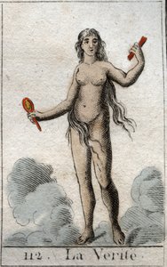 En repræsentation af sandhedens gud, en nøgen ung kvinde med et ærligt ansigt, hun holder et spejl. (Representation of Truth, som en nøgen ung kvinde med et oprigtigt ansigt, holder hun et spejl). Fra "Mythology of Youth" af Pierre Blanchard 1803. af French School