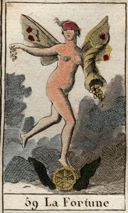 En repræsentation af tilfældighedsgudinden Fortune (Fortuna), hun bestemmer det gode og det onde for mennesker, holder et horn af overflod og står på et hjul. (Repræsentation af Fortuna, lykkens gudinde, hun bestemmer over, hvad der skal ske med mennesker, af French School