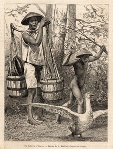 En beboer i Hatien (Vietnam), der bærer spande og kurv og et barn, der jager en gås med en pind, graverer efter en tegning af Robin, der illustrerer rejsen til Cochinchine, af doktor Morice, i 1872, udgivet i "" Le tour du monde"" ” 1875, redigeret af E af French School