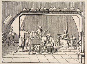 Et respirationseksperiment i Lavoisiers laboratorium, kopi af Boris Mestchersky (d.1957) illustration fra Histoire de la Nation Francaise, Sciences, bind I & II, af Gabriel Hanotaux (1853-1944) af French School