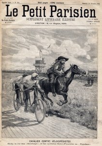 En rytter kørte mod velocipisterne: William Frederic Cody (1846-1917), kendt som Buffalo Bill, kendt som King of the Cowboys og cykelrytterne Gaby og Fournier i Tandem. En af avisen "Le petit Parisien"" den 26.11.1893 (gravering) af French School